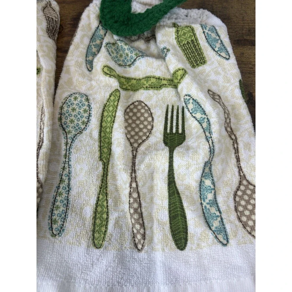 Set Of 2 Hanging Kitchen Towels Crochet Top Spoon Fork Farmhouse Decor Rustic